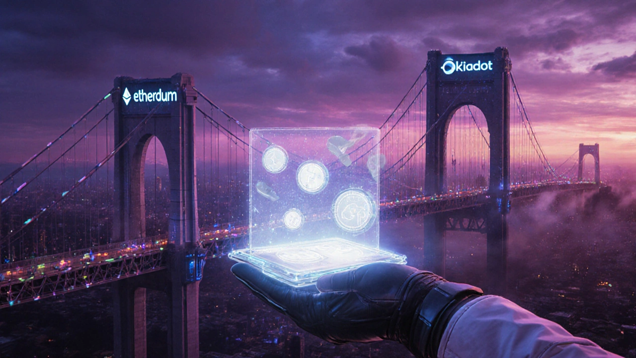 Futuristische Stadt mit Brücken zu mehreren Chains, holographischer Wallet, die gasfreie NFTs mintet.