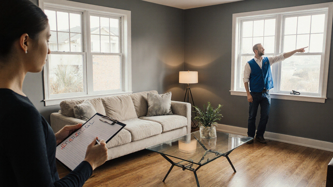 Gemütliches modernisiertes Wohnzimmer, Besitzer prüft Checkliste mit Bauleiter im Hintergrund.