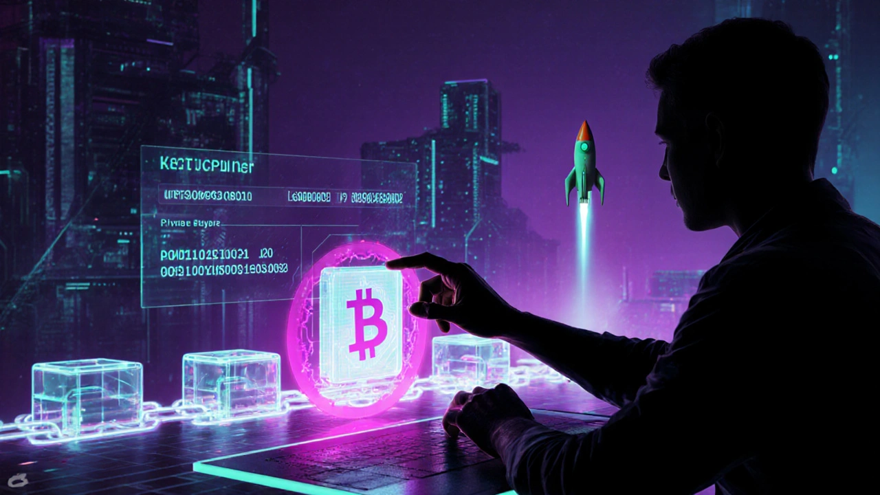 Holographische Transaktion wird von einer Hand signiert und durch eine Blockkette gesendet.