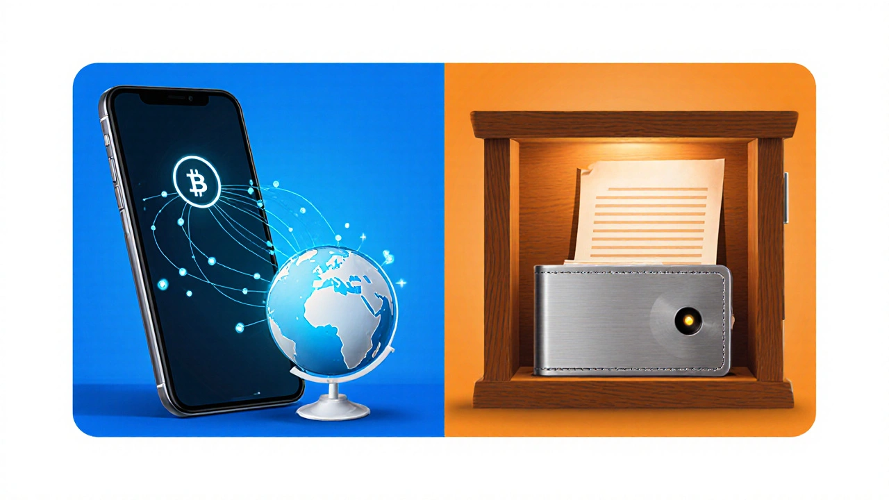 Vergleich von Hot‑Wallet (Smartphone) und Cold‑Wallet (Hardware‑Gerät mit Papier‑Seed).