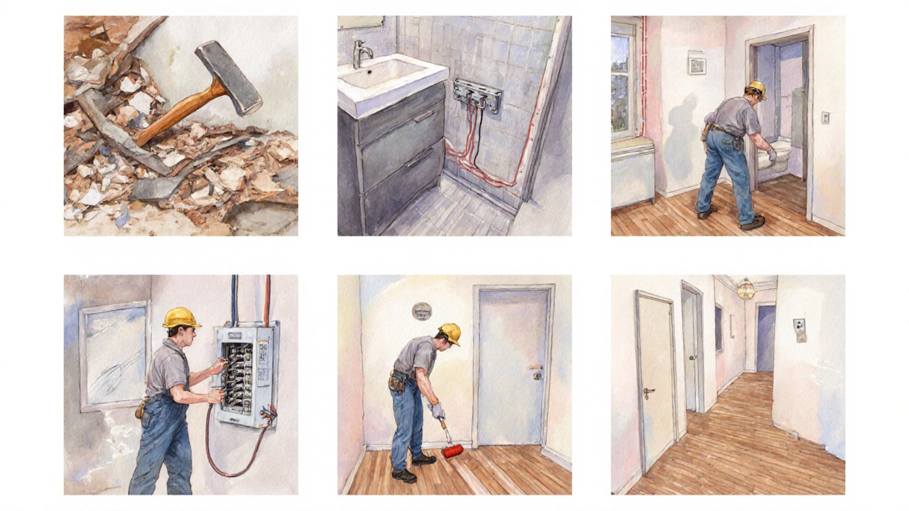 Wassermalereien zeigen sechs Gewerke: Abriss, Sanitär, Elektro, Fußboden, Maler, Abschlussarbeiten.