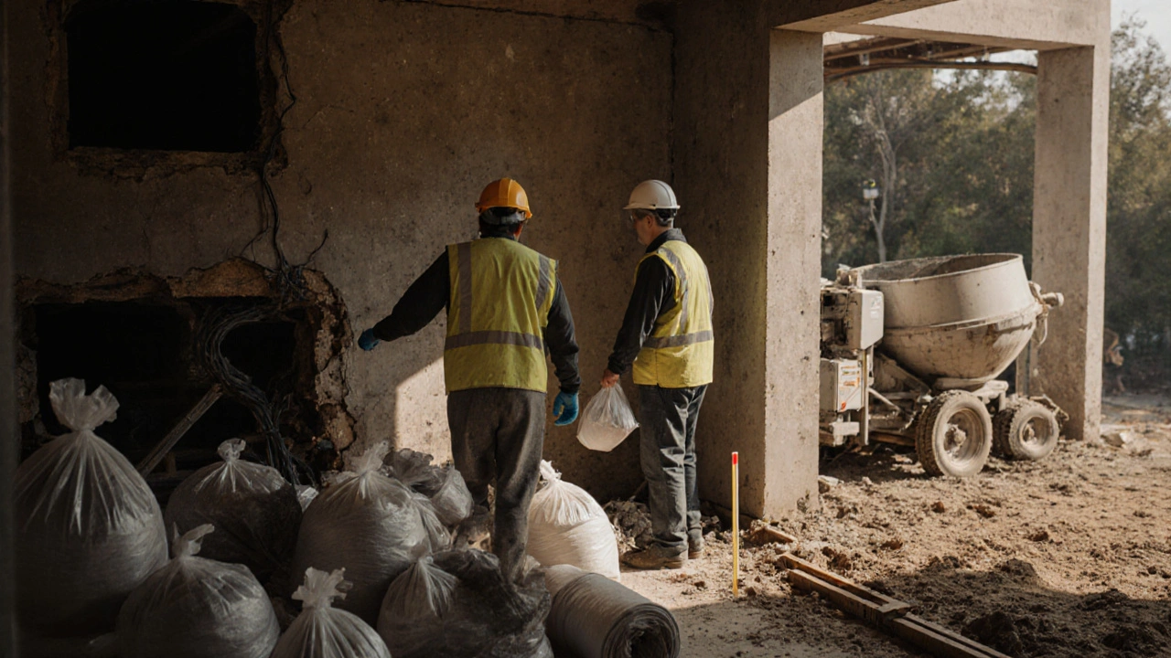 Baustelle mit Bauarbeitern, freigelegten Fundamenten und Abbruchmaterial, verdeutlicht verborgene Kosten.
