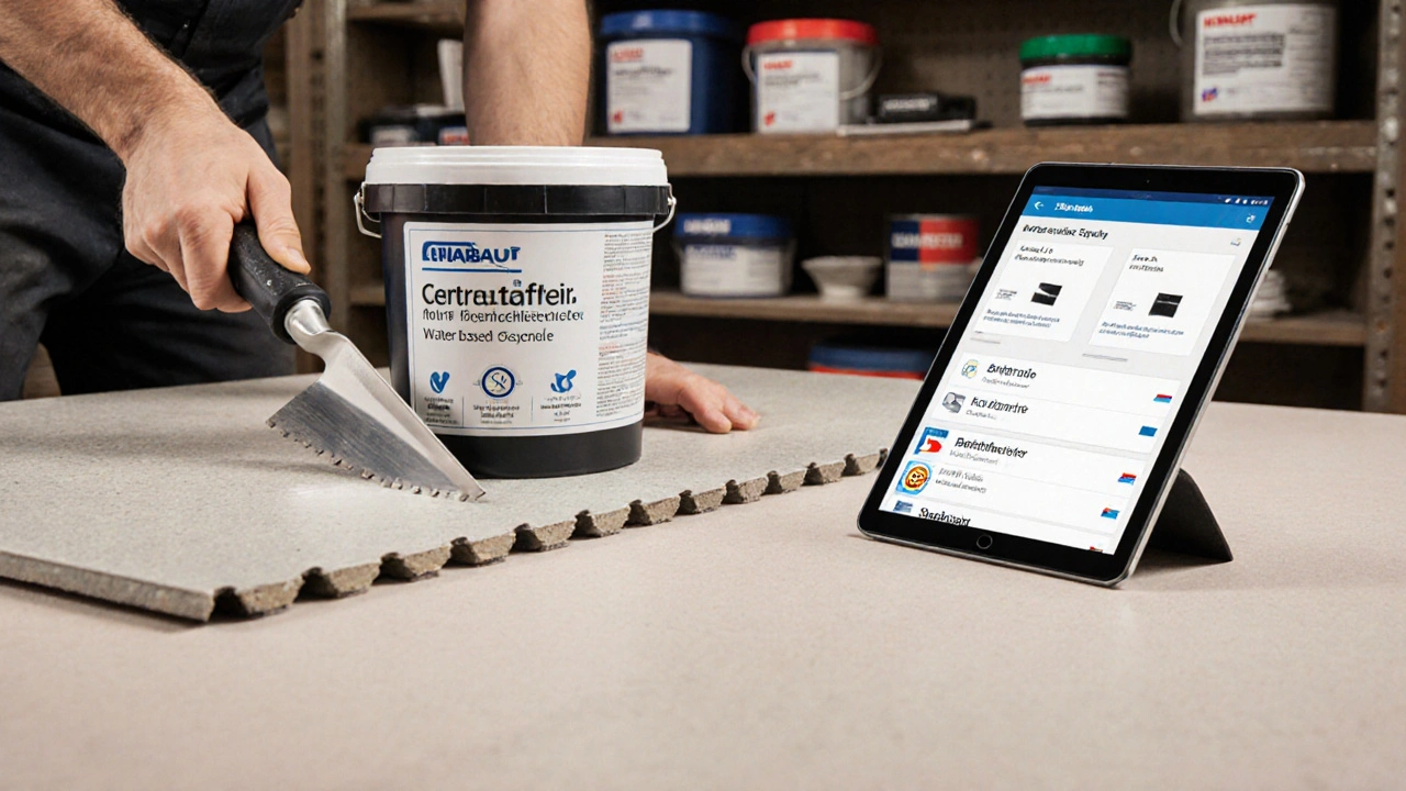 Ein Fachmann trägt einen wasserbasierten Kleber auf Linoleum auf, mit zertifizierten Produkten im Hintergrund und einem Tablet zur Auswahl.