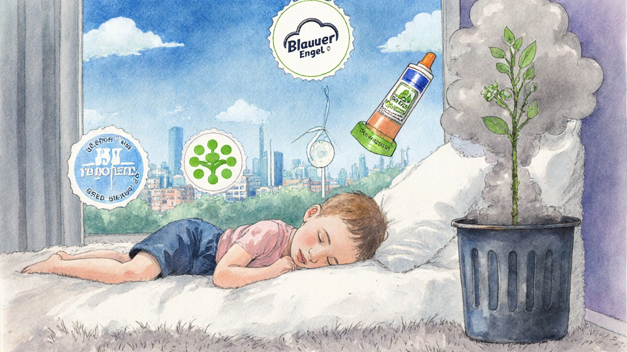 Ein Kind schläft auf einem Teppichboden, während ein biologischer Kleber als Baum wächst – im Hintergrund verblasst ein schadstoffbelasteter Kleber.