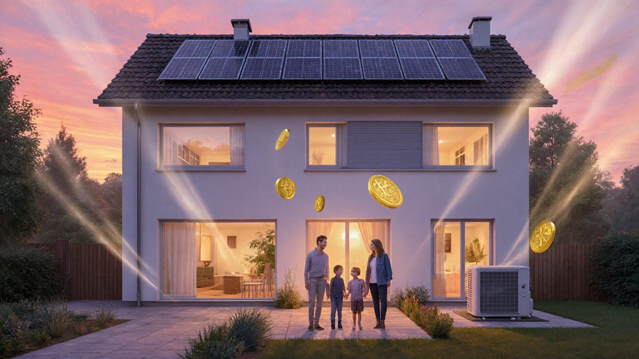Familie vor einem renovierten, energieeffizienten Haus mit Solarpanelen.