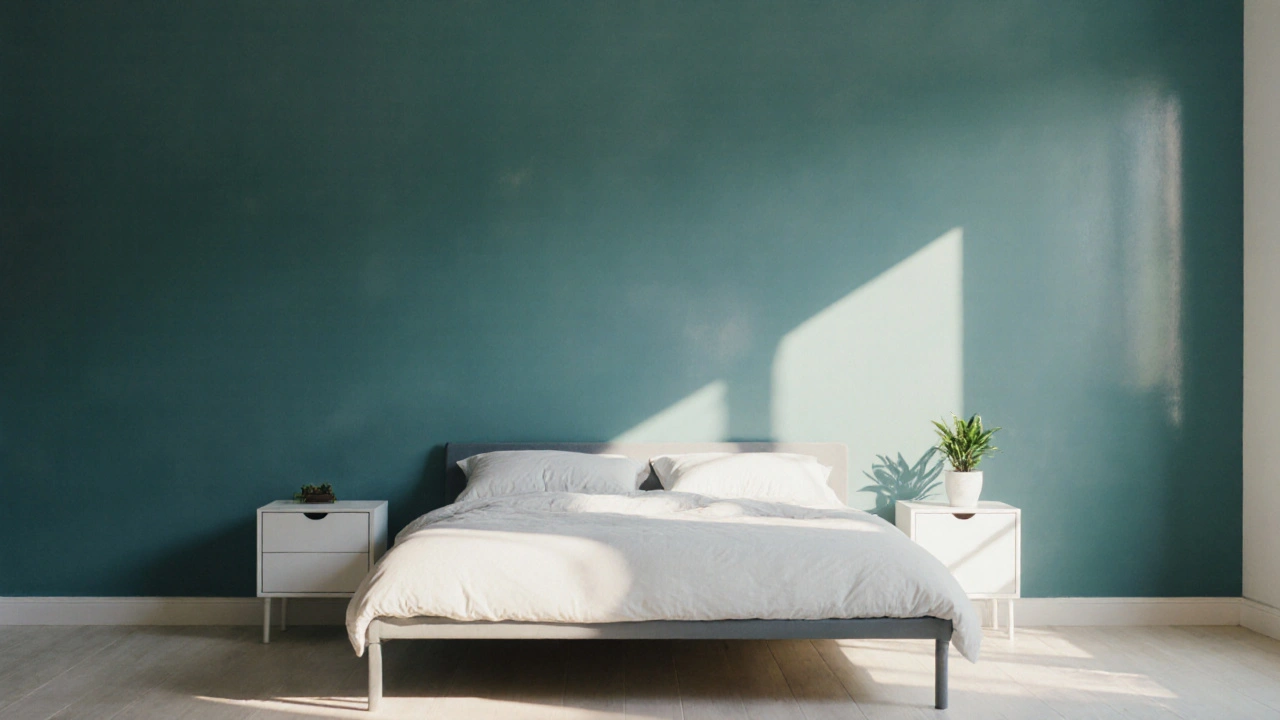 Fertig gestrichenes Zimmer mit glatter Wand und Möbeln.