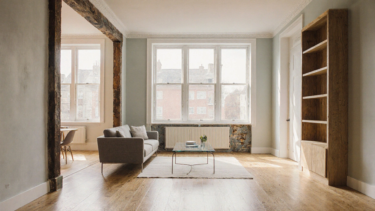 Geräumiges, modernes Wohnzimmer nach Premium‑Totalsanierung mit viel Tageslicht.