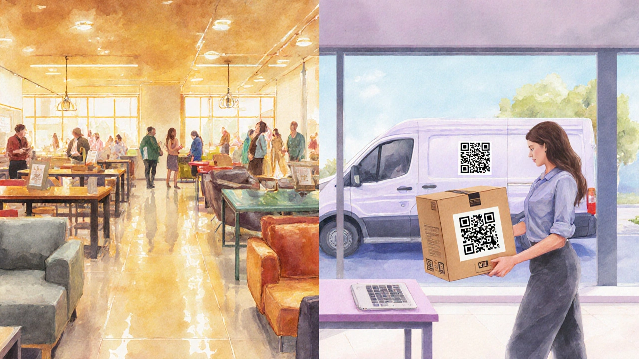Geteilte Darstellung: Möbelgeschäft links, Paketlieferung im Home‑Office rechts.