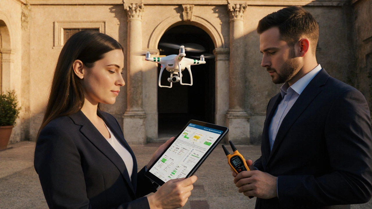 Immobilienmakler mit Tablet und Gutachter vor einem Landhaus, Drohne fliegt im Hintergrund.