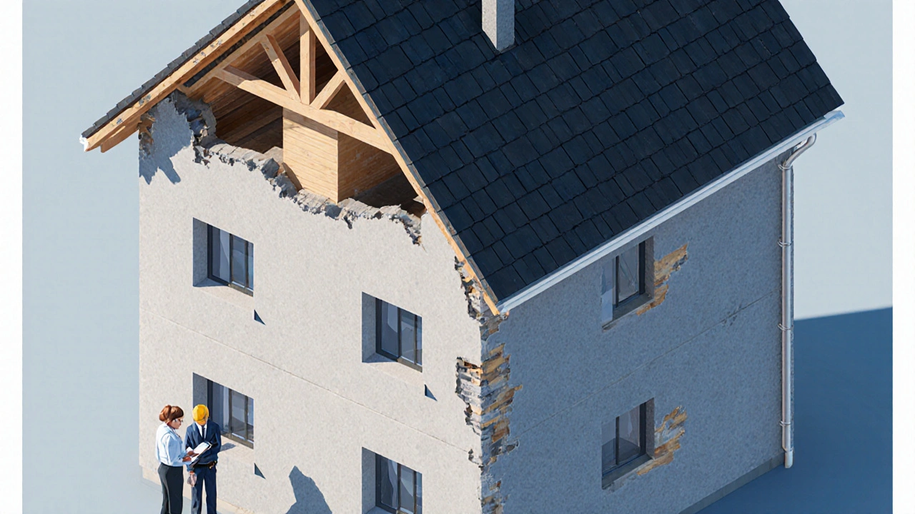 Isometrische Ansicht eines Mehrfamilienhauses in Dresden beim Umbau von Dach und Fassade.