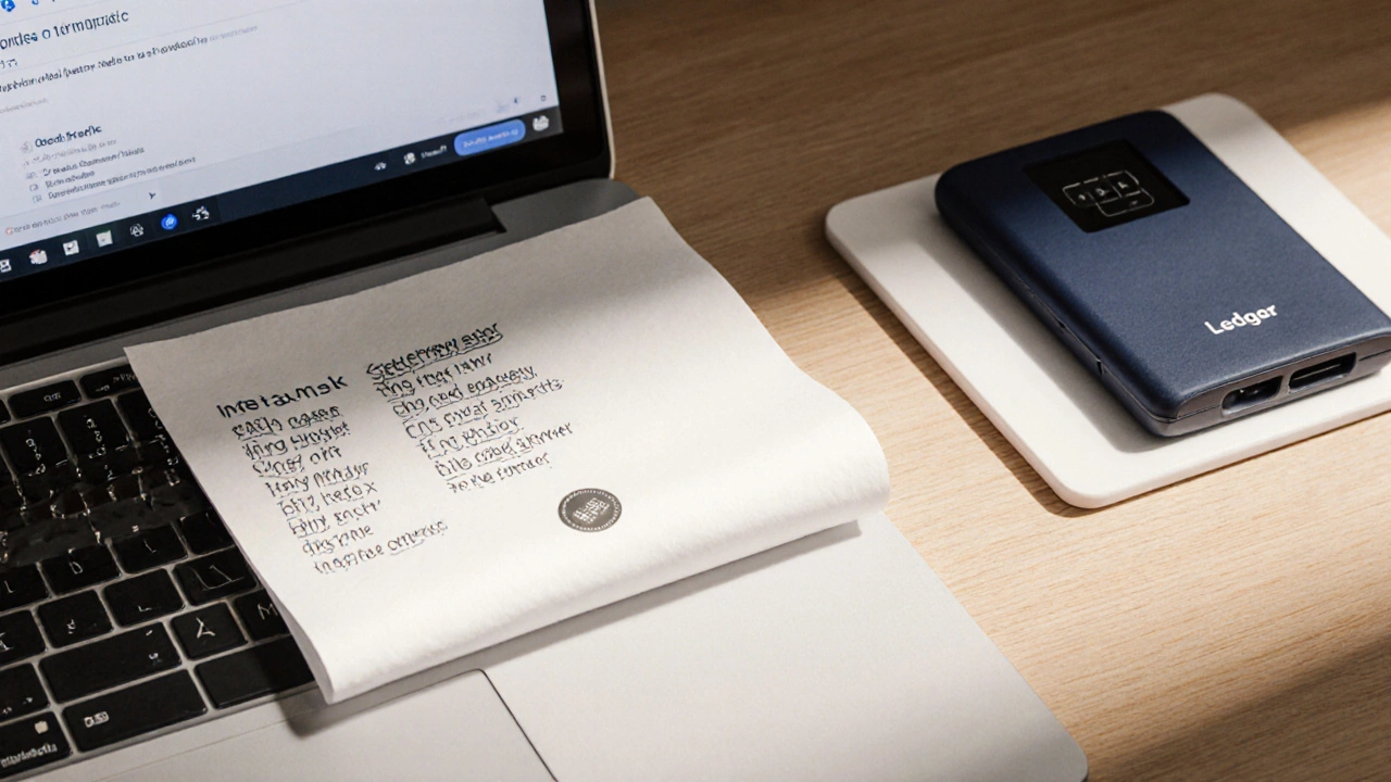 Laptop mit MetaMask‑Installation, neben einem Blatt Seed‑Phrase und einem Ledger Nano X.
