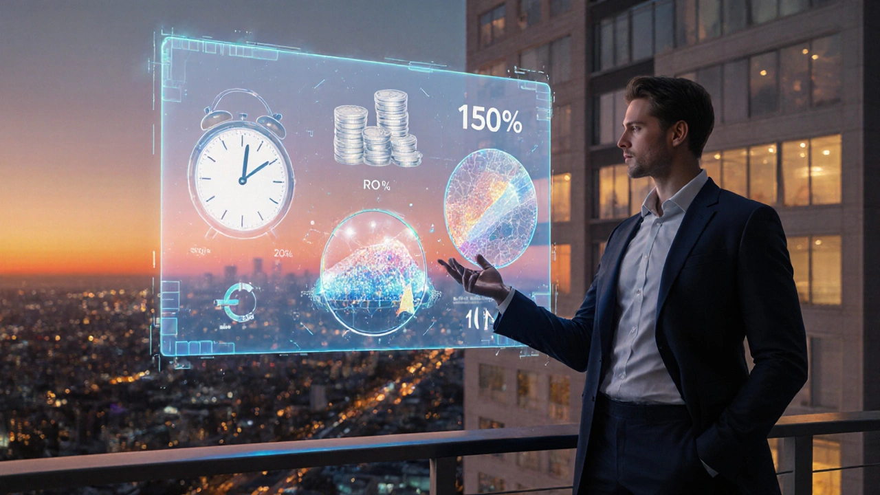 Makler präsentiert holografische ROI‑ und Zukunftsvisualisierung mit Satellitenanalyse.