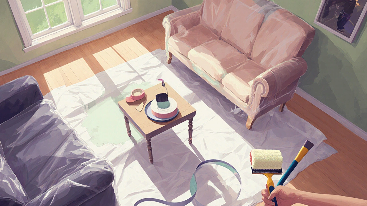 Maler tapeziert und rollt Farbe im vorbereiteten Wohnzimmer.