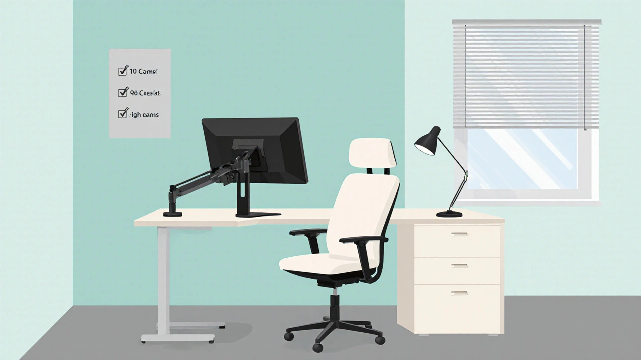 Optimierter Arbeitsplatz mit Monitorarm, ergonomischem Stuhl, seitlichem Licht und blendfreier Beleuchtung.