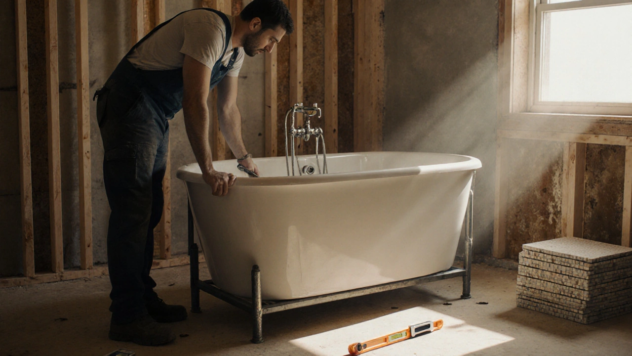 Sanitärinstallateur richtet eine freistehende Keramikbadewanne mit Unterkonstruktion und Leitungen ein.