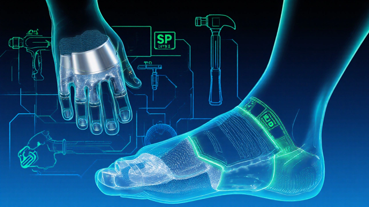 Silhouetten von Fuß und Hand mit transparenten Schutzschichten und Sicherheitsklassen als Overlay.