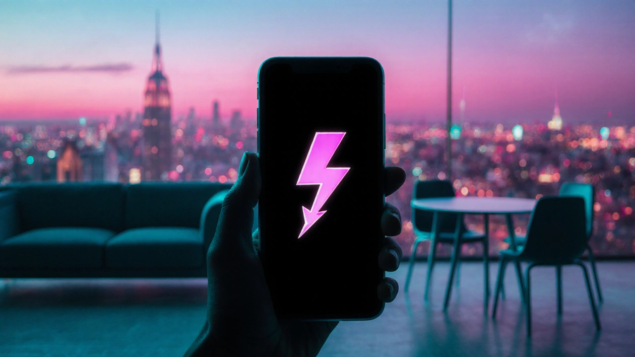 Smartphone‑Benachrichtigung für Flash‑Sale über Möbel‑Silhouetten im Neon‑Stil.