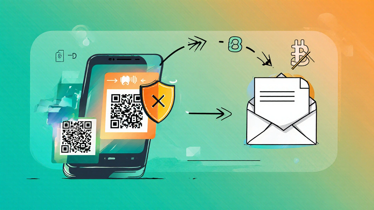 Smartphone scannt QR‑Code, Schutzschild und Blockchain‑Symbol, Phishing‑Warnung im Hintergrund.