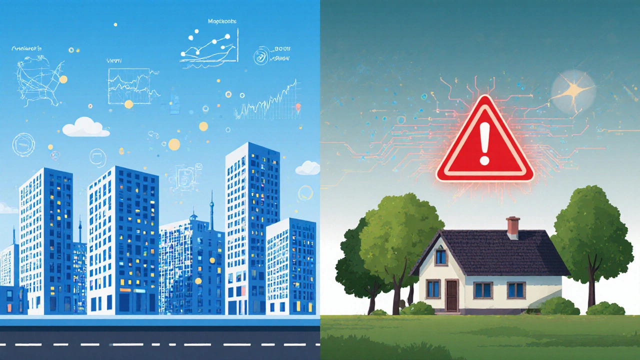 Stadtbild mit Datenströmen neben einem ländlichen Haus mit Warnsymbol für ungenaue Schätzung.