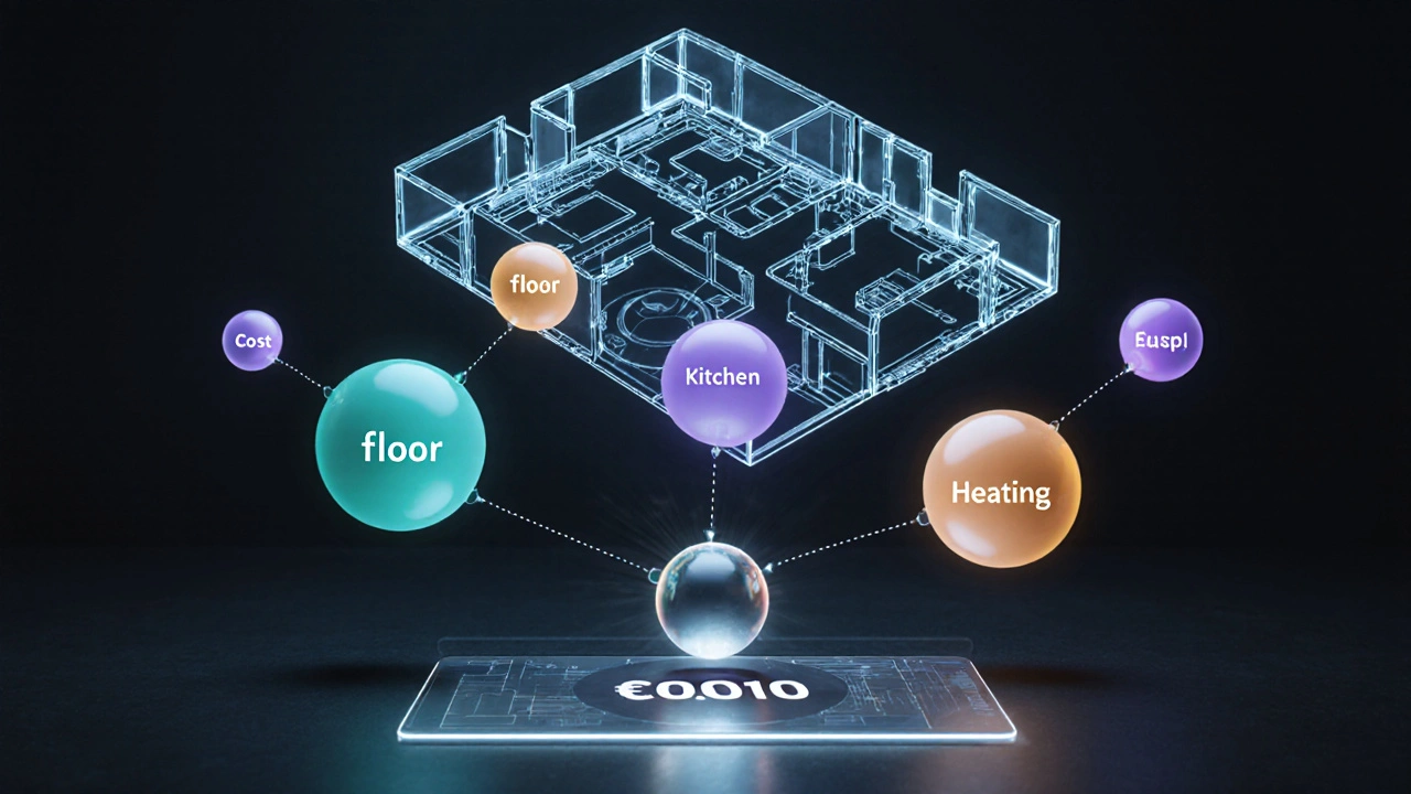 Surreale Digitalart‑Szene mit schwebender Grundriss‑Blueprint und leuchtenden Kosten‑Orben.