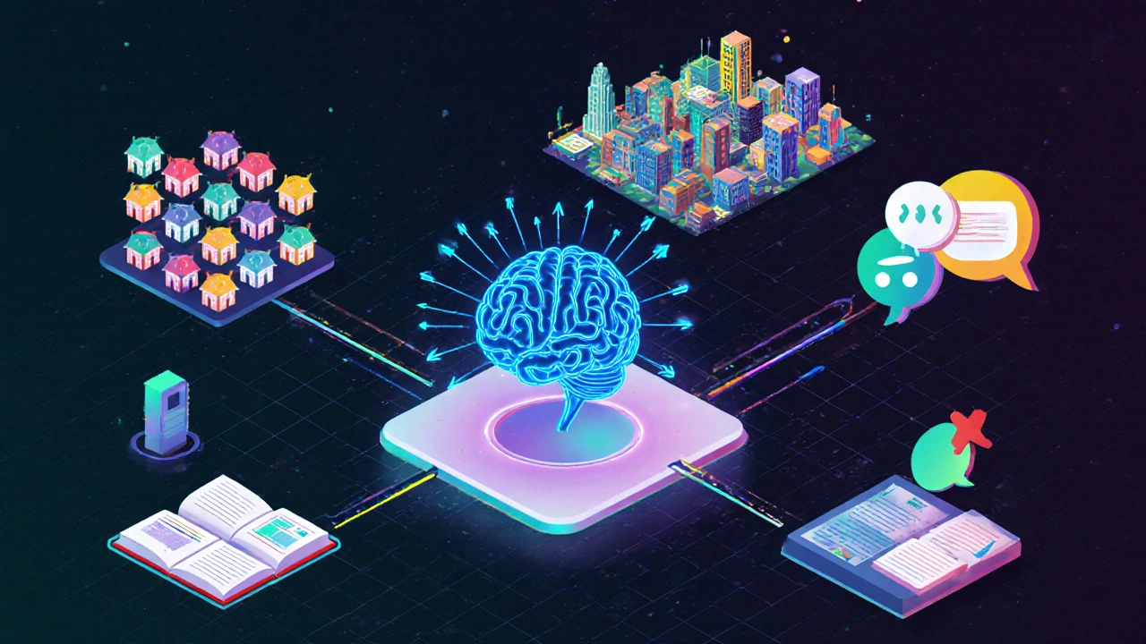 Verschiedene Datenquellen – Portale, Satellitenbild, Register – fließen in KI‑System.