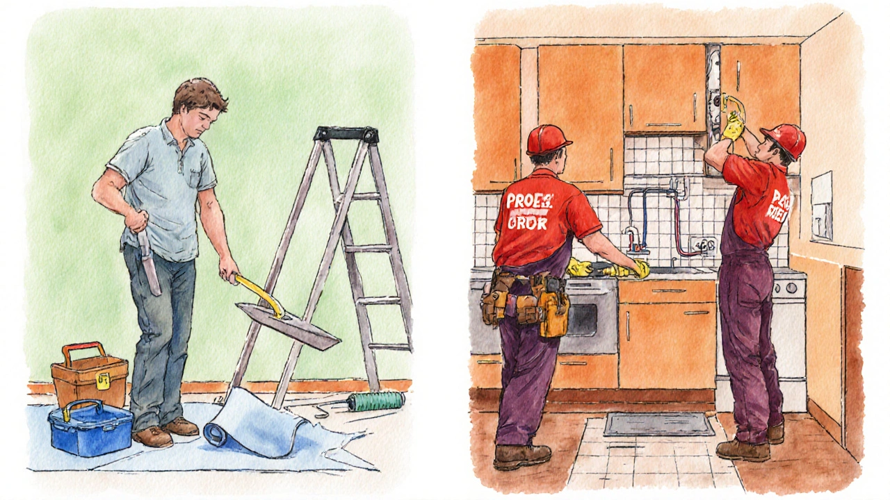 Wasserfarben‑Illustration: links DIY‑Bodenverlegung, rechts Fachkräfte in Bad und Küche.