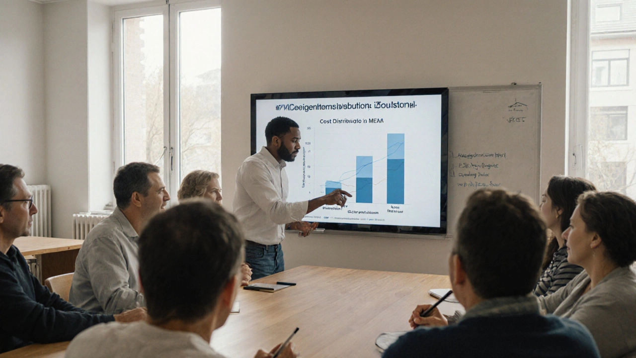 Wohnungseigentümer in einer Versammlung, die eine digitale Kostenaufteilung an einem Tablet analysieren.