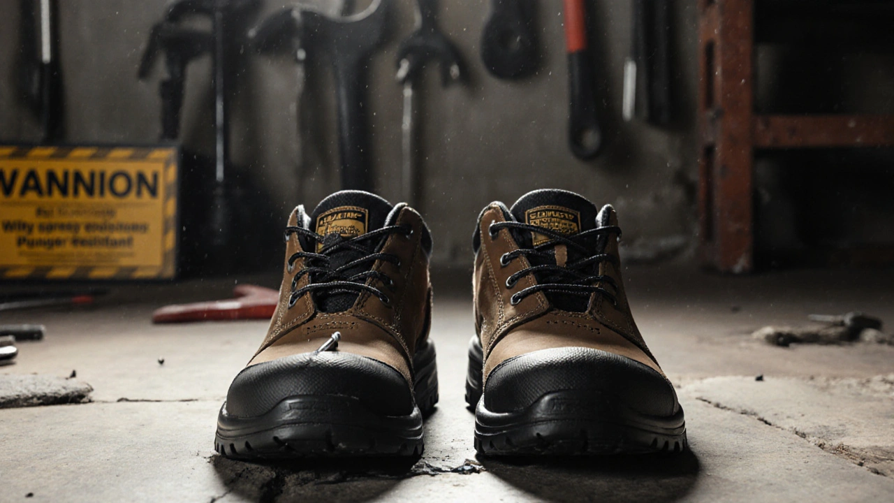 Zwei Sicherheitsschuhe nebeneinander: einer mit durchbohrter Sohle, einer unbeschädigt.