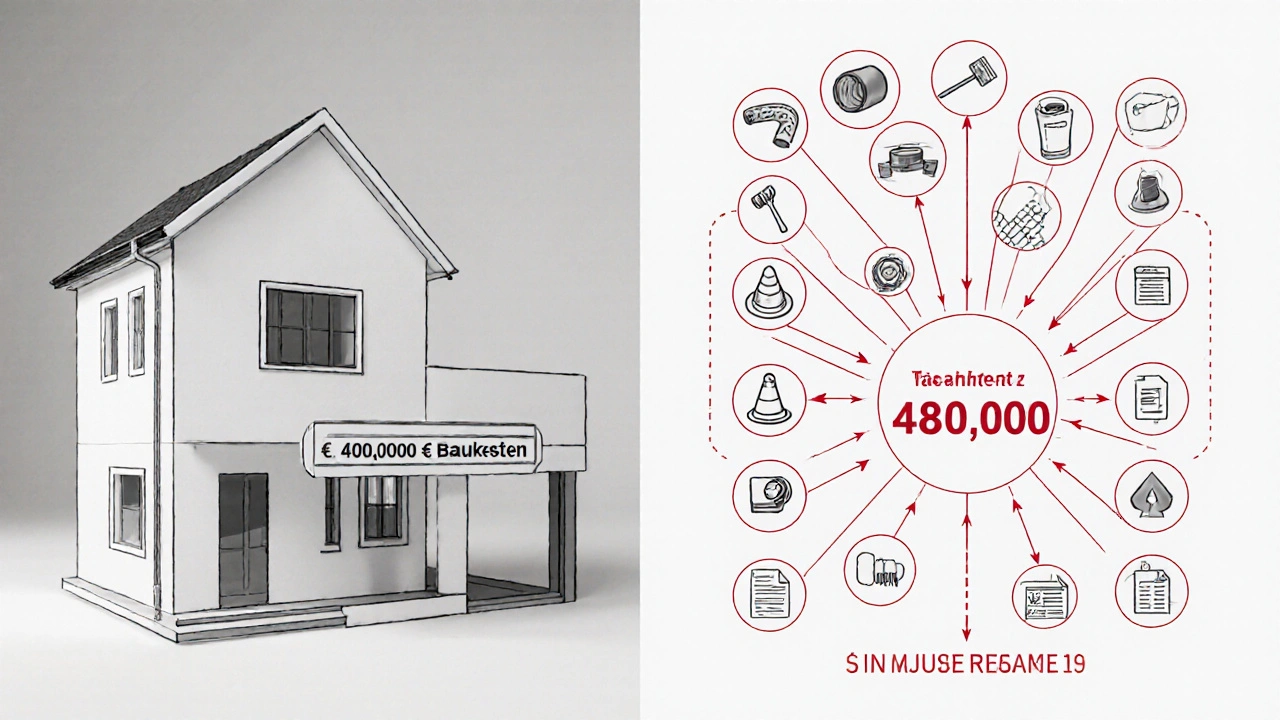 Aufteilung: Einfaches Haus mit niedrigem Preis vs. dasselbe Haus mit 20 verborgenen Kostenposten, die zu einem höheren Gesamtbetrag führen.