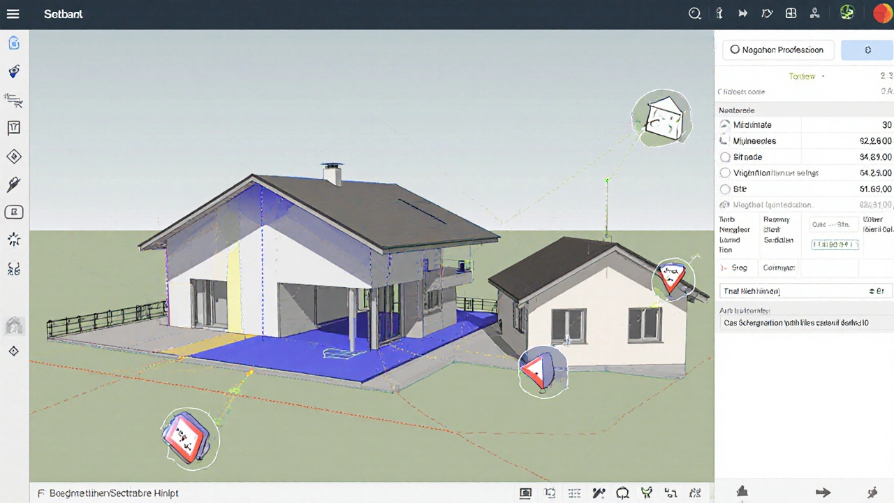 Digitale 3D-Software-Analyse einer Hauskonstruktion mit dynamischer Abstandsflächen-Berechnung.