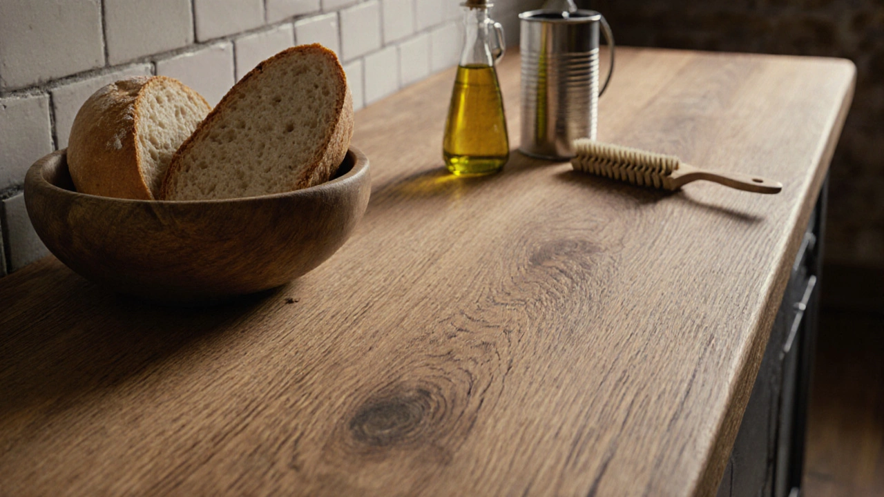 Eichenholz-Arbeitsplatte mit Kerben und Ölflecken in rustikaler Küche