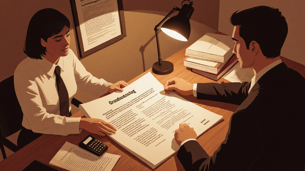 Ein Anwalt und ein Kunde prüfen gemeinsam das Grundbuch mit Dokumenten und Rechtsvorschriften.