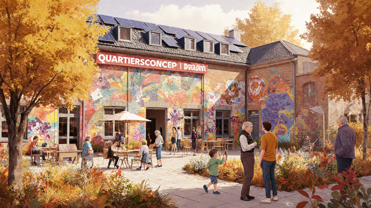 Ein ehemaliges Fabrikgebäude als gemeinschaftliches Zentrum mit Kita, Café und Garten, bunt und lebendig.