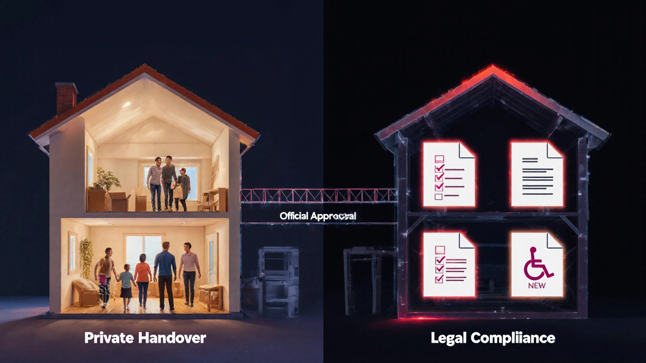 Ein Haus in zwei Hälften: eine Seite zeigt Einzug, die andere eine rechtliche Prüfliste.