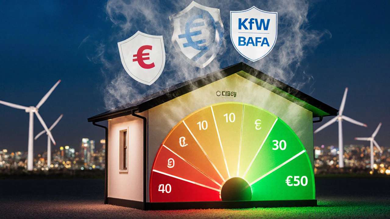 Ein Haus mit einer leuchtenden Energieeffizienzskala, die von rot nach grün steigt, begleitet von Förder-Icons.