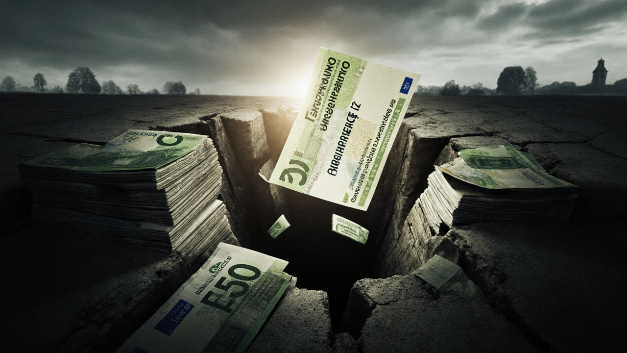 Ein Hausfundament aus fallenden Geldscheinen, die als Baunebenkosten beschriftet sind, während eine Reservebanknote stabil bleibt.