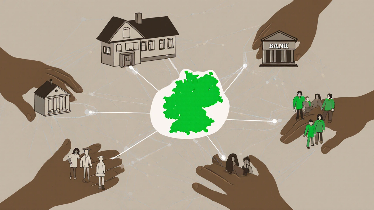 Ein Netzwerk aus Händen und Gebäuden, das Zusammenarbeit bei der Sanierung leerstehender Immobilien symbolisiert.