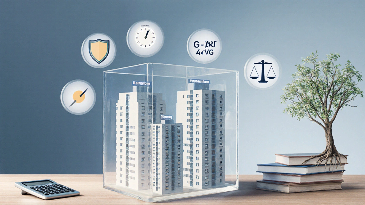 Ein transparenter Würfel mit Wohngebäuden und Schutzsymbolen, darstellt einen Familienpool.