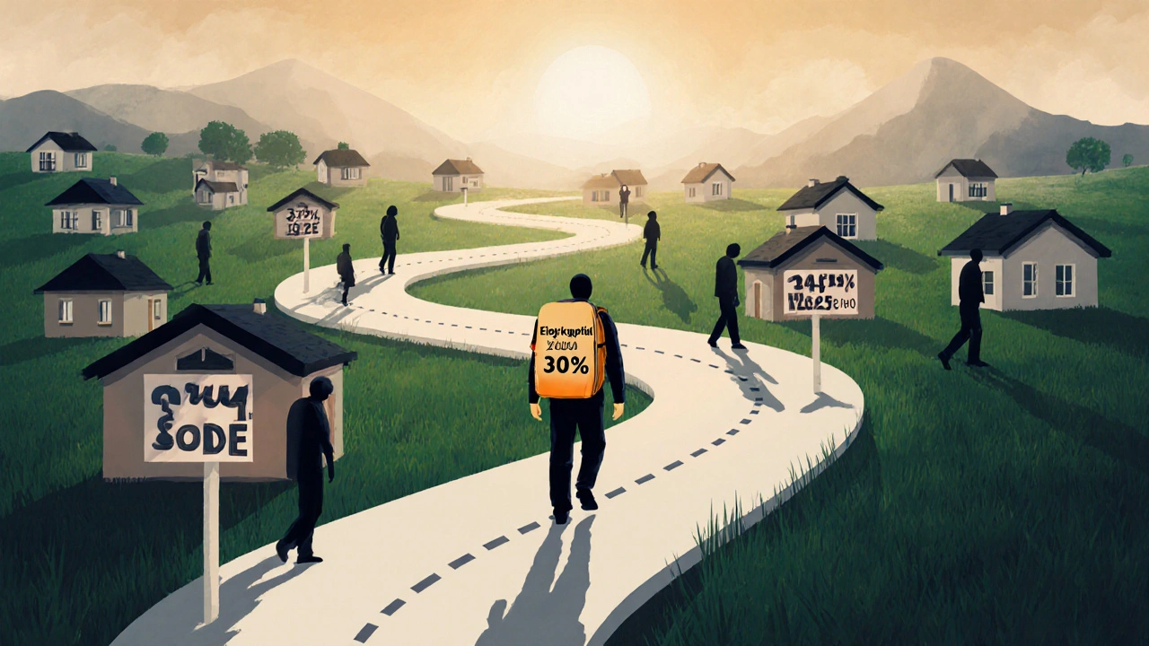 Ein Weg durch eine Landschaft mit Häusern zeigt steigende Zinsen von 2025 bis 2030.