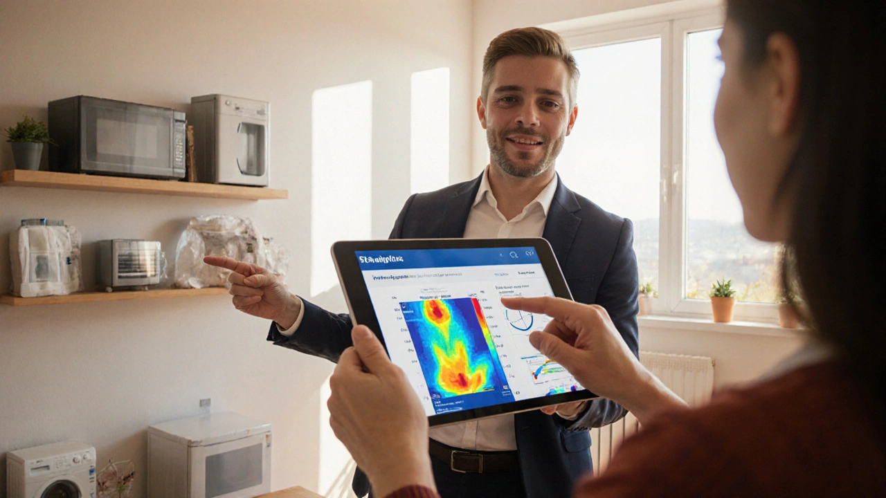 Ein zertifizierter Energieberater zeigt einem Hausbesitzer ein Sanierungskonzept auf einem Tablet an.