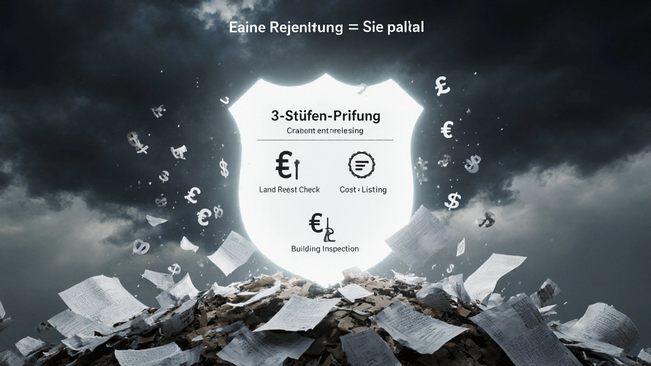 Eine aus Papier bestehende Hausfundament strukturiert aus ungesicherten Verträgen, die auseinanderfallen, während ein Schutzschild mit Prüfschritten leuchtet.