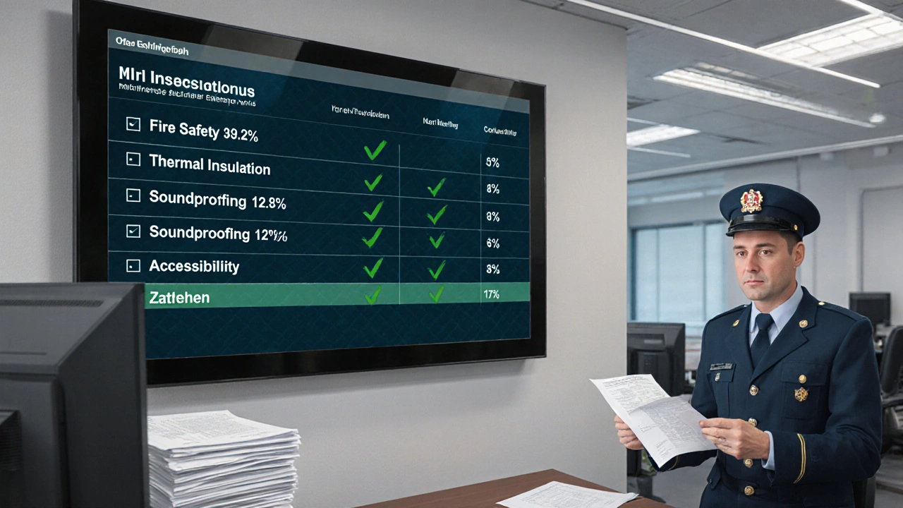 Eine digitale Prüfliste mit Schwerpunkten Brandschutz, Wärmeschutz und Barrierefreiheit in einem Amt.