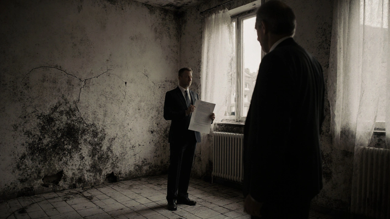 Eine verfallene Wohnung mit Schimmel und kaputten Bodenfliesen, ein Käufer hält den Kaufvertrag.