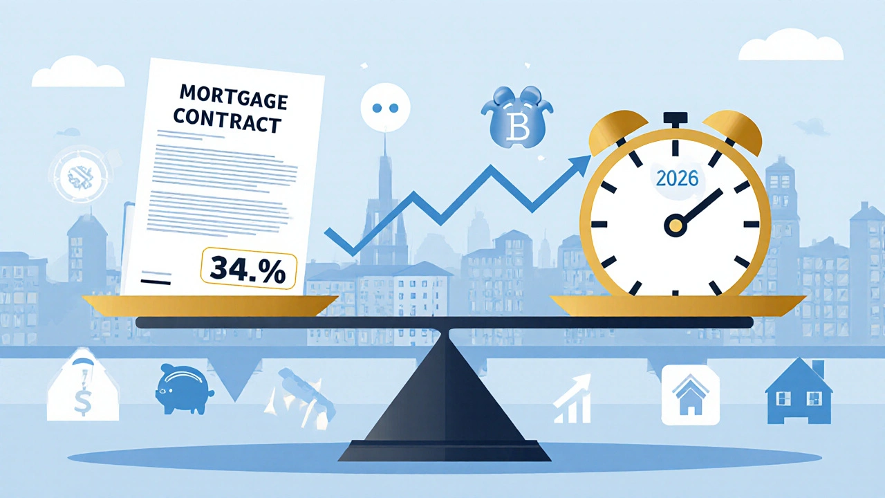 Eine Waage vergleicht eine 10-Jahres-Hypothek mit zukünftigen Zinssteigerungen.