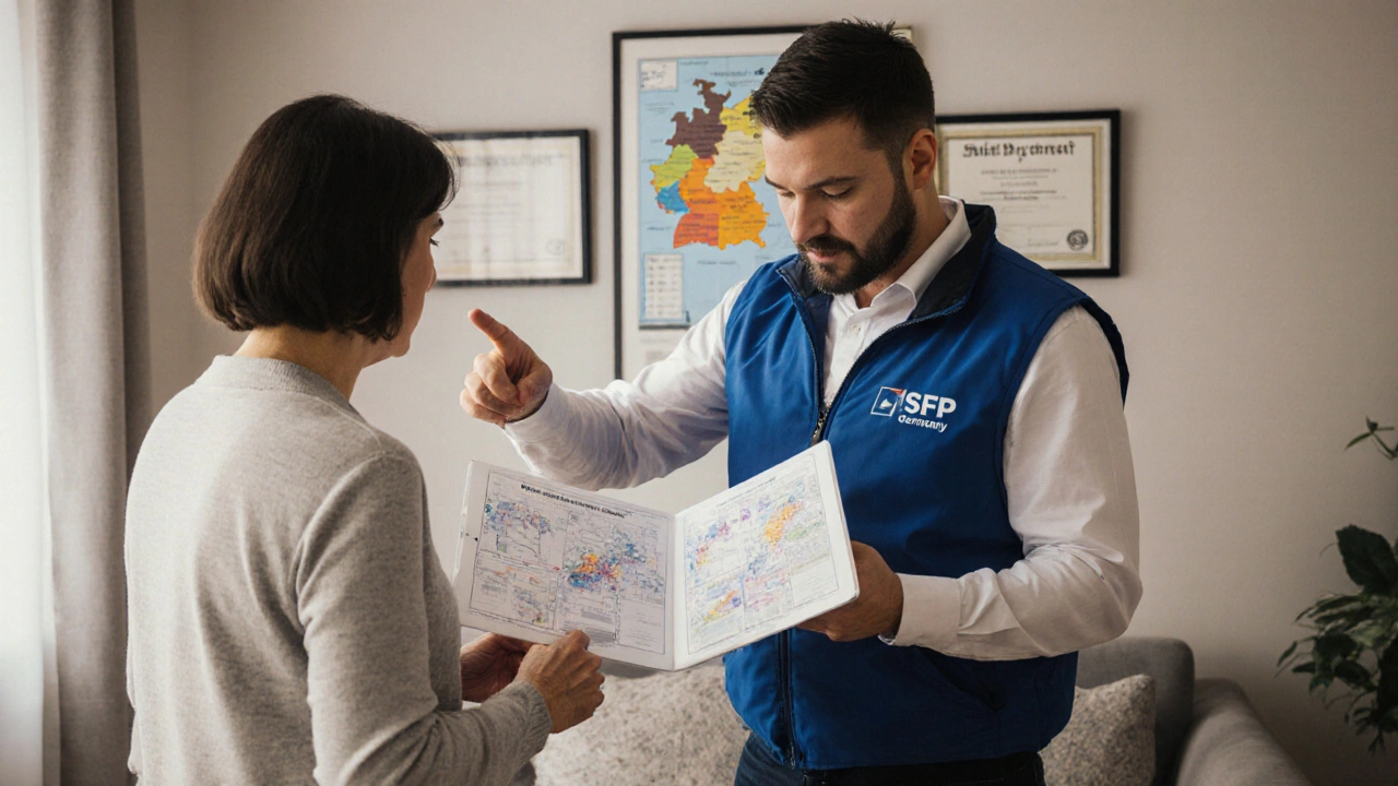 Energieberater erklärt einem Hausbesitzer den individuellen Sanierungsfahrplan (iSFP) auf einem Tablet.