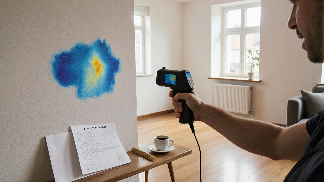 Energieberater mit Wärmebildkamera an einer Wand, frisch gestrichene Wände und neue Fenster im Hintergrund.