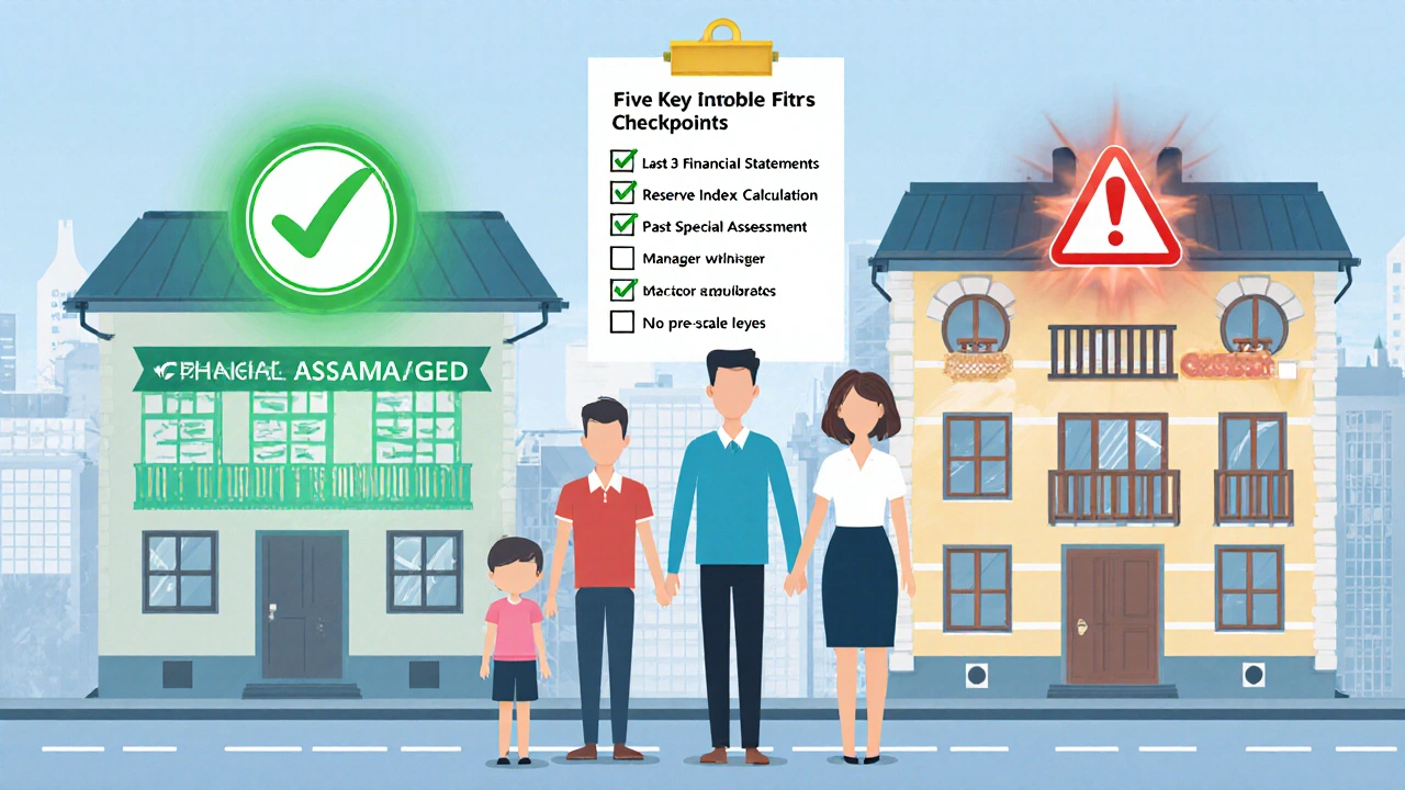 Familie mit digitaler Checkliste für die Finanzprüfung einer Eigentumswohnung.