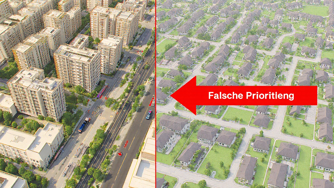 Gegensatz: Dichte Stadtquartiere vs. zerstreute Einfamilienhaus-Siedlungen.