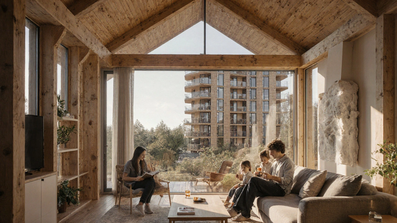 Gemütliches Wohnzimmer mit Holzdecken und -böden, Sonnenlicht und Blick auf ein achtstöckiges Holzwohnhaus im Hintergrund.