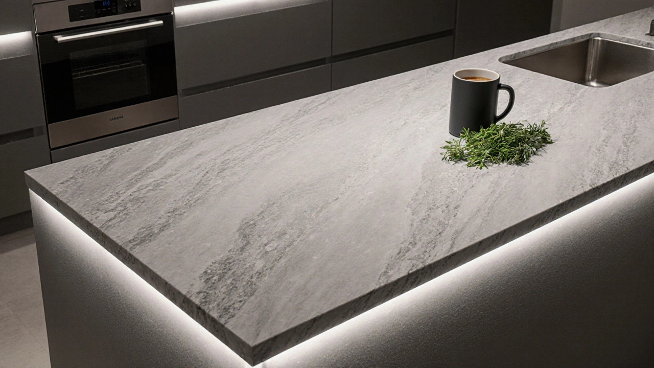 Glatte Quarzkomposit-Arbeitsplatte in grau mit Kaffeebecher und Kräutern